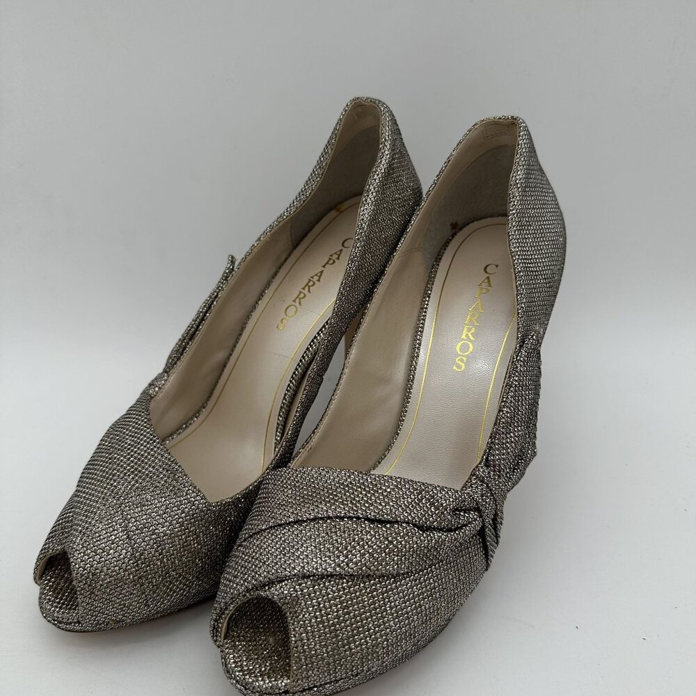 Caparros Womens Size 11B Silver Textured Peep Toe Heels With Bow Detail